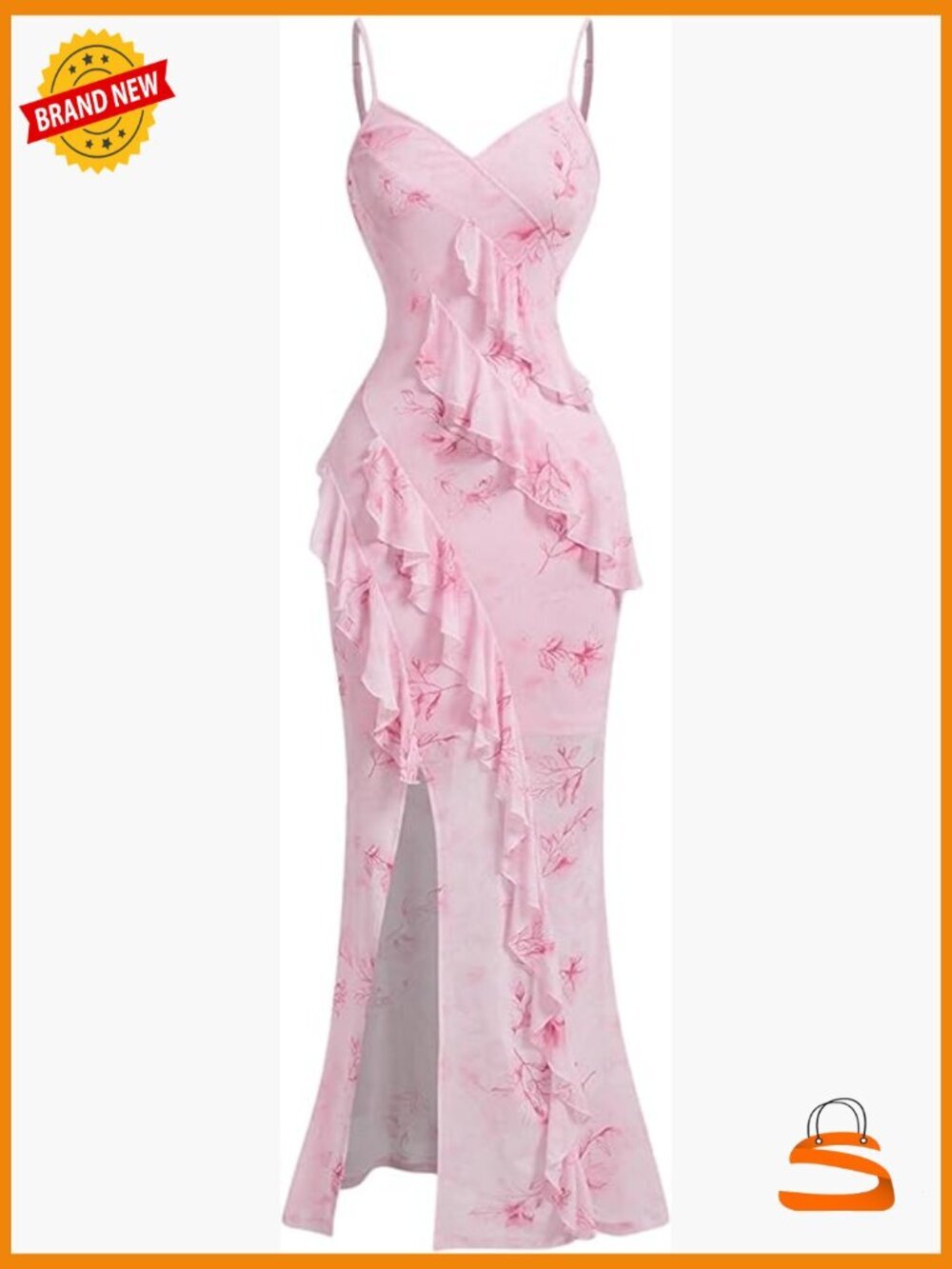 Y2K Floral Ruffle Split Thigh Long Cami Bodycon Dress